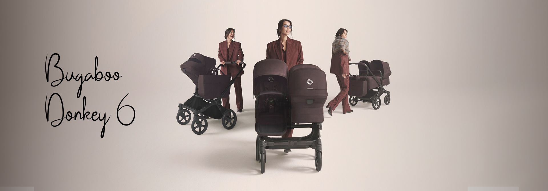 Bugaboo Donkey 6 twin stroller in deep burgundy, shown with moms in stylish outfits, ideal for urban parenting.