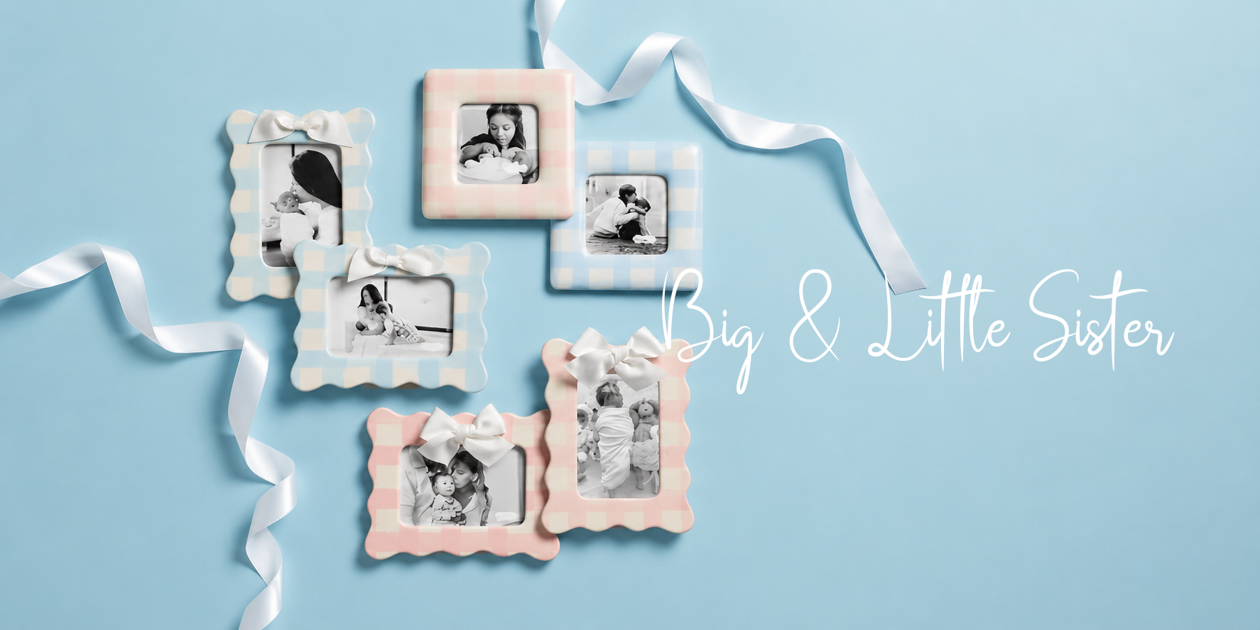 Big & Little Sister photo frames with bows, perfect for baby girl nursery decor and family memories