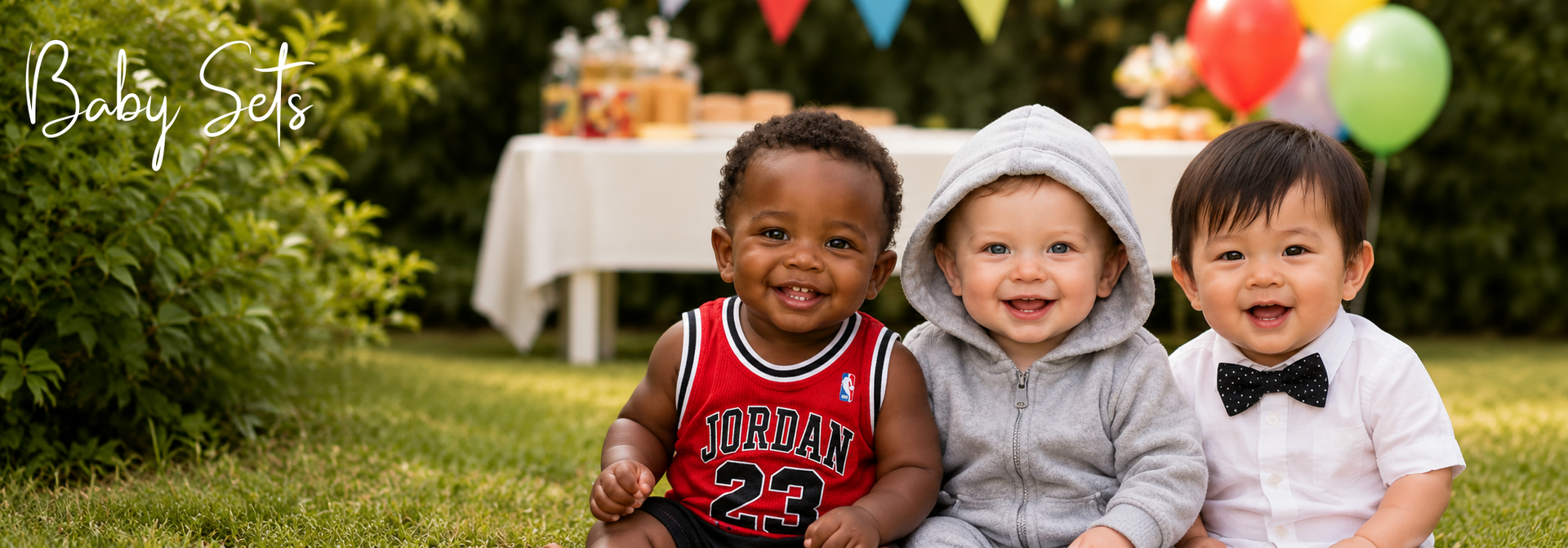 Three smiling babies in cute outfits at outdoor party, perfect baby sets for celebrations