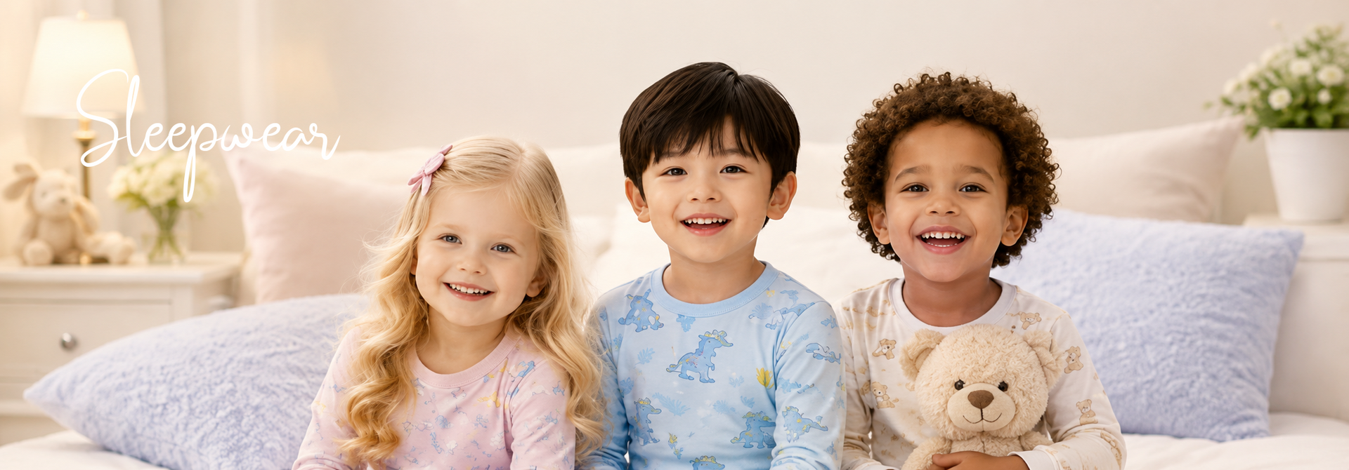 Three smiling kids in cozy sleepwear on a bed, one holding a teddy bear, perfect for baby clothing and bedtime comfort.