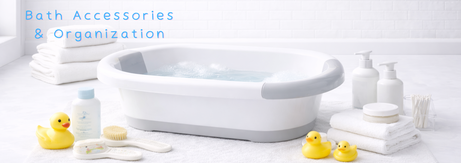 Baby bath tub with rubber ducks, towels, and bath accessories for infant care and organization
