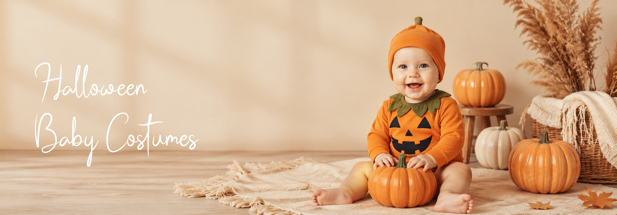 Baby in cute pumpkin Halloween costume with jack-o'-lantern design, surrounded by fall decor and mini pumpkins