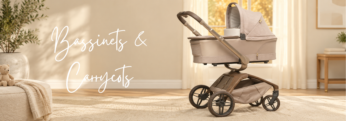 Beige baby bassinet and carrycot on a stroller in a bright, modern living room setting.