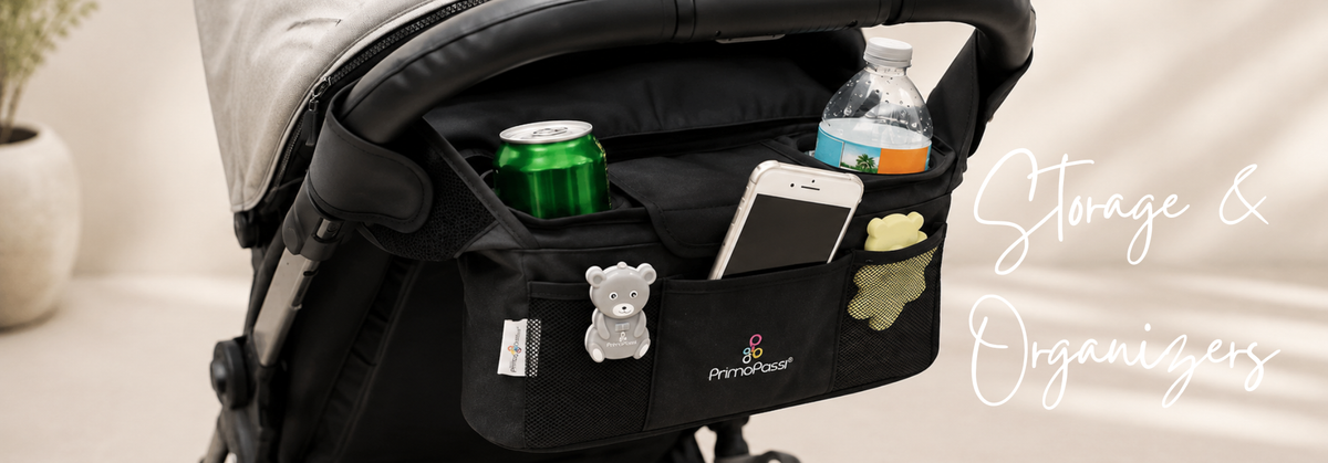 PrimoPassi stroller organizer holding a water bottle, soda can, phone, and baby toy
