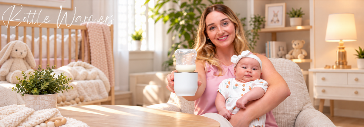 A smiling woman holding a baby and a bottle warmer in a cozy nursery setting.