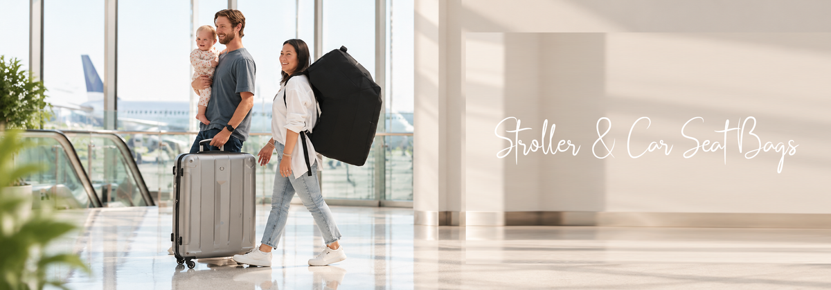 Family traveling with a stroller bag at the airport