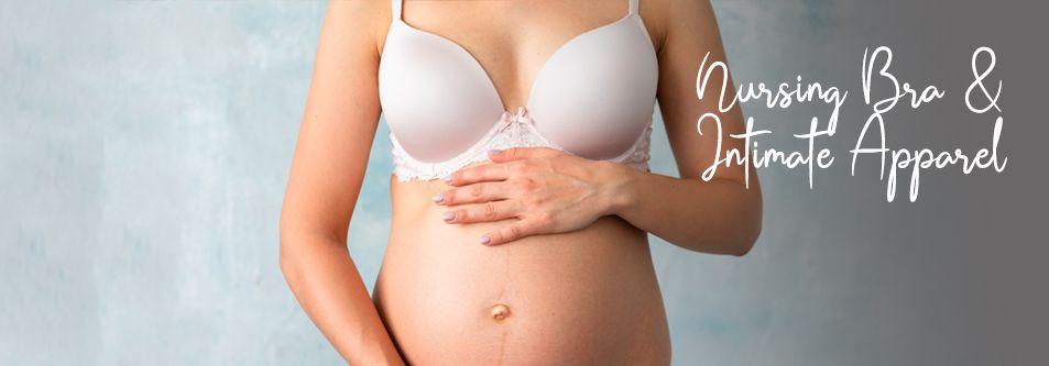 Pregnant woman wearing white nursing bra with lace trim, hand on belly, intimate apparel for moms