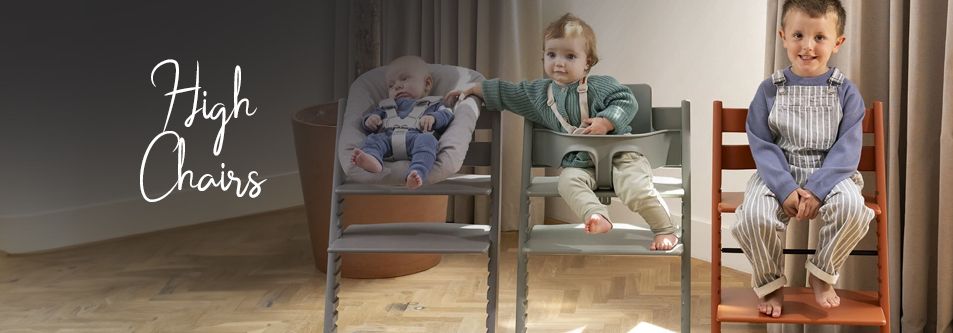 Three kids in modern high chairs: baby, toddler, and child — stylish seating for growing families