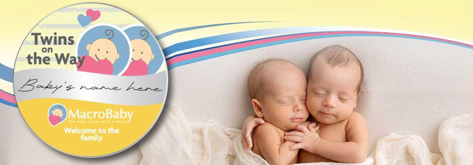 Twins on the Way announcement with newborn babies cuddling, perfect for baby registry and parenting essentials.