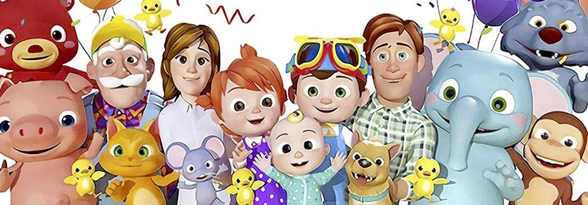Happy family with baby, kids, and cute animal characters for baby toys and nursery decor