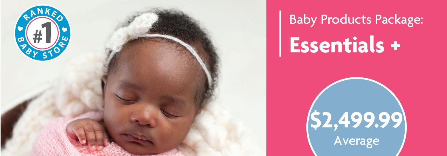 Sleeping baby in pink wrap with white headband, baby essentials package