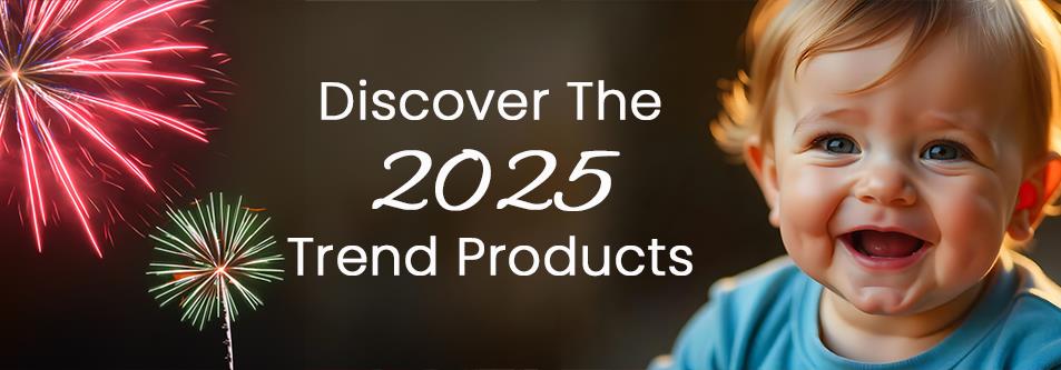 Happy baby smiling with 2025 trend products and fireworks background