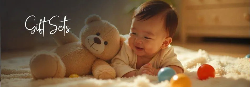 Baby smiling with teddy bear and colorful balls on soft rug, perfect for gift sets