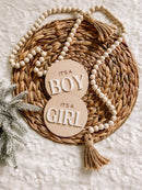 It's a Boy and It's a Girl wooden signs on woven mat with beads, baby announcement decor