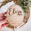 Personalized wooden baby milestone plaque with name Eliza Jane, perfect for newborn photos and nursery decor