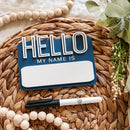 Hello My Name Is sign with pen on woven mat, baby nursery decor