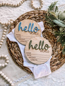 Hello World baby milestone signs with onesie on woven basket, perfect for newborn photos