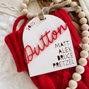 2025 Button Ornament with Names on Red Knit Background