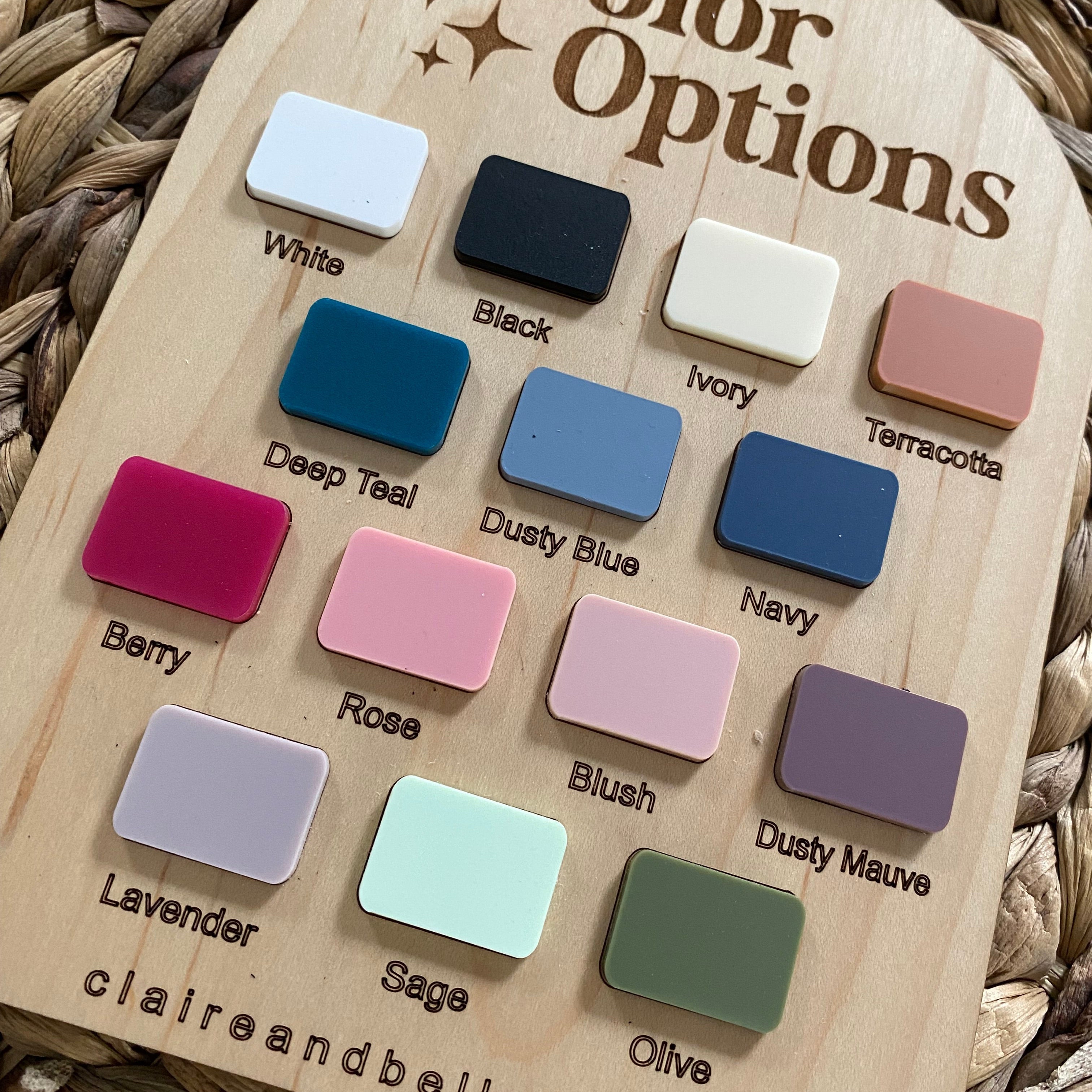 Color options swatch for baby products featuring White, Black, Navy, Rose, Sage, and more.