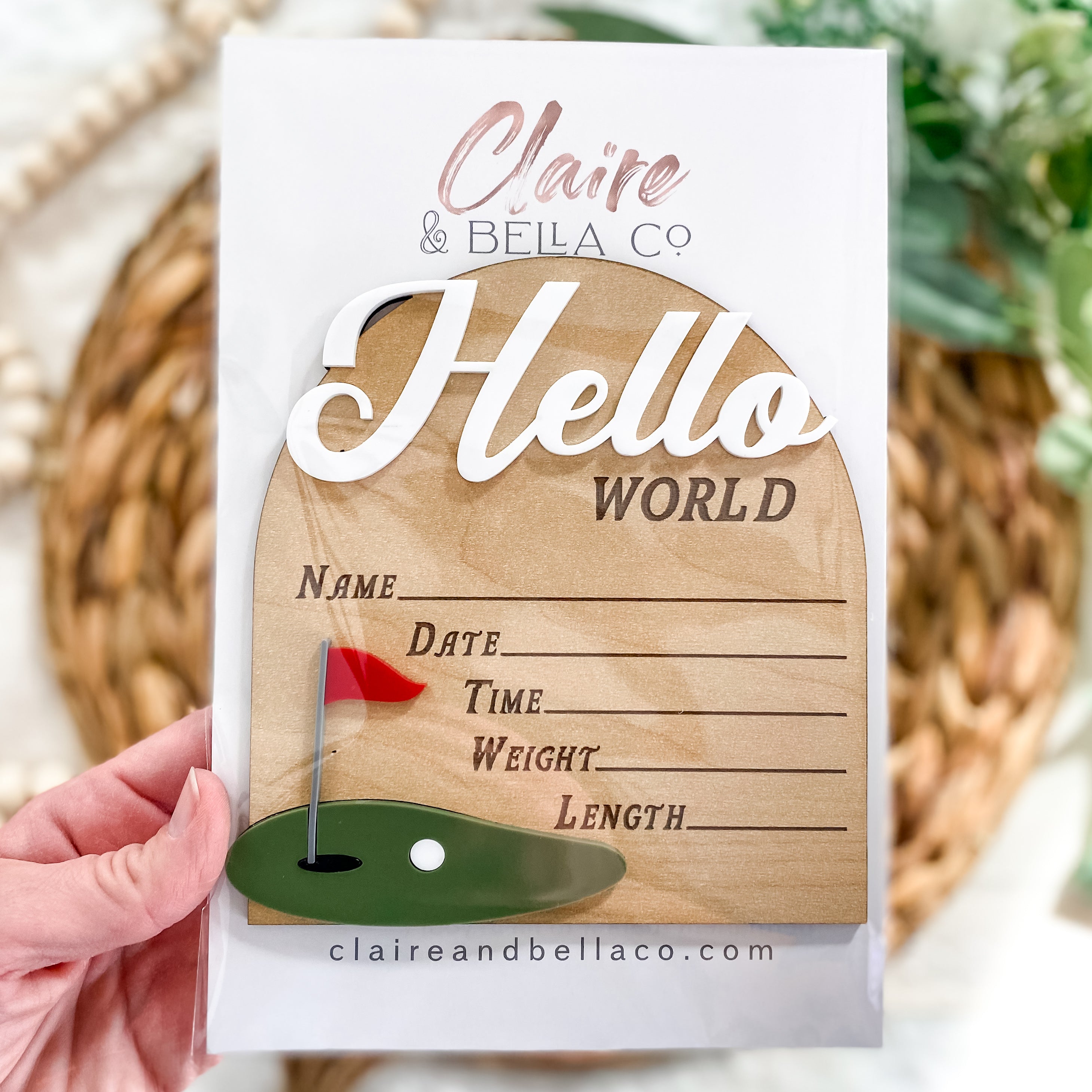 Hello World baby announcement sign with golf theme, birth details card, Claire & Bella Co.