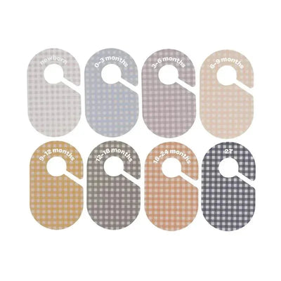 Set of 8 gingham closet dividers for baby and toddler sizes, labeled from newborn to 2T.