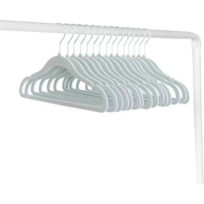 Velvet baby hangers in blue, designed for non-slip durability, displayed on a rod, in a pack of 15.