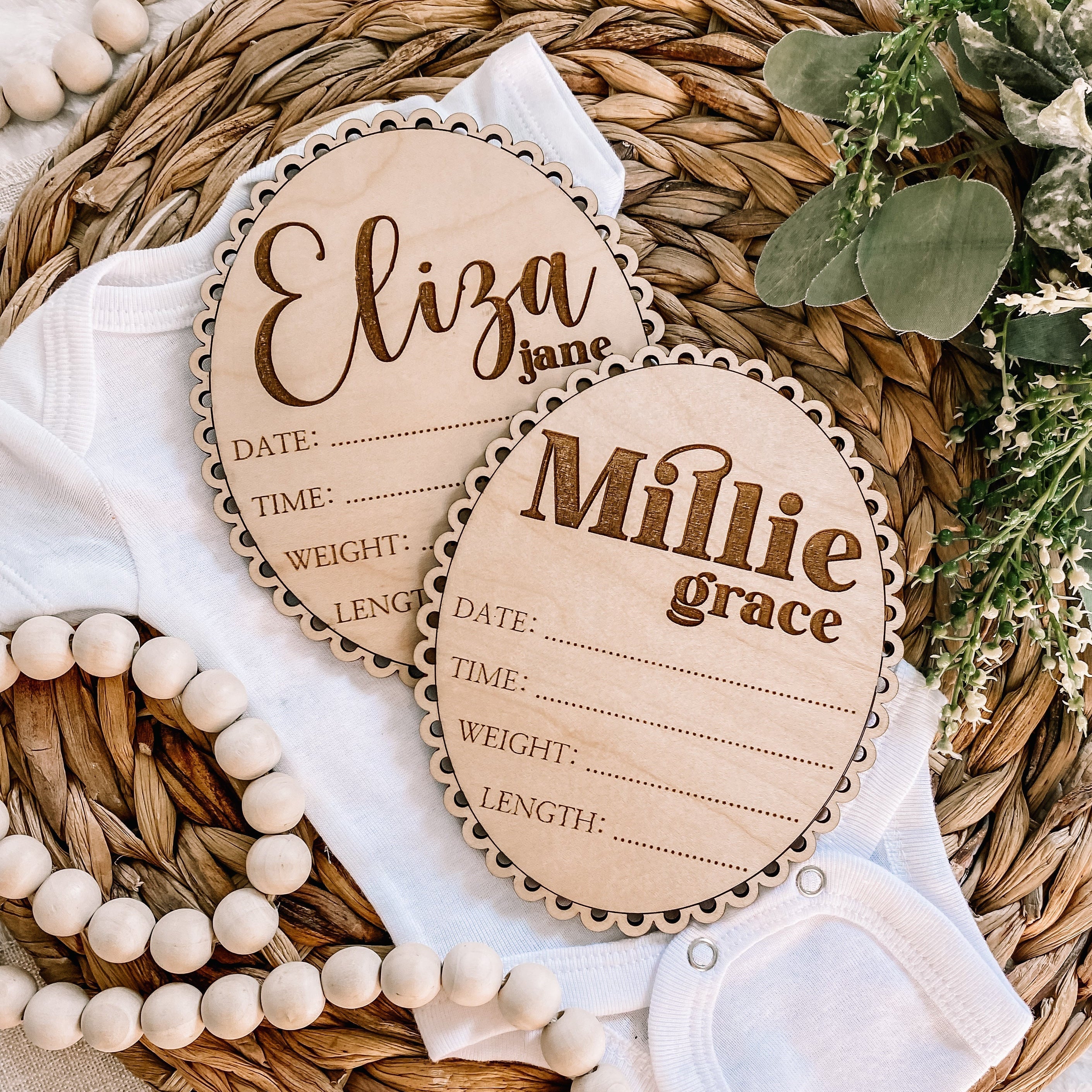 Custom Scalloped Edge Hello World Birth Stat Sign