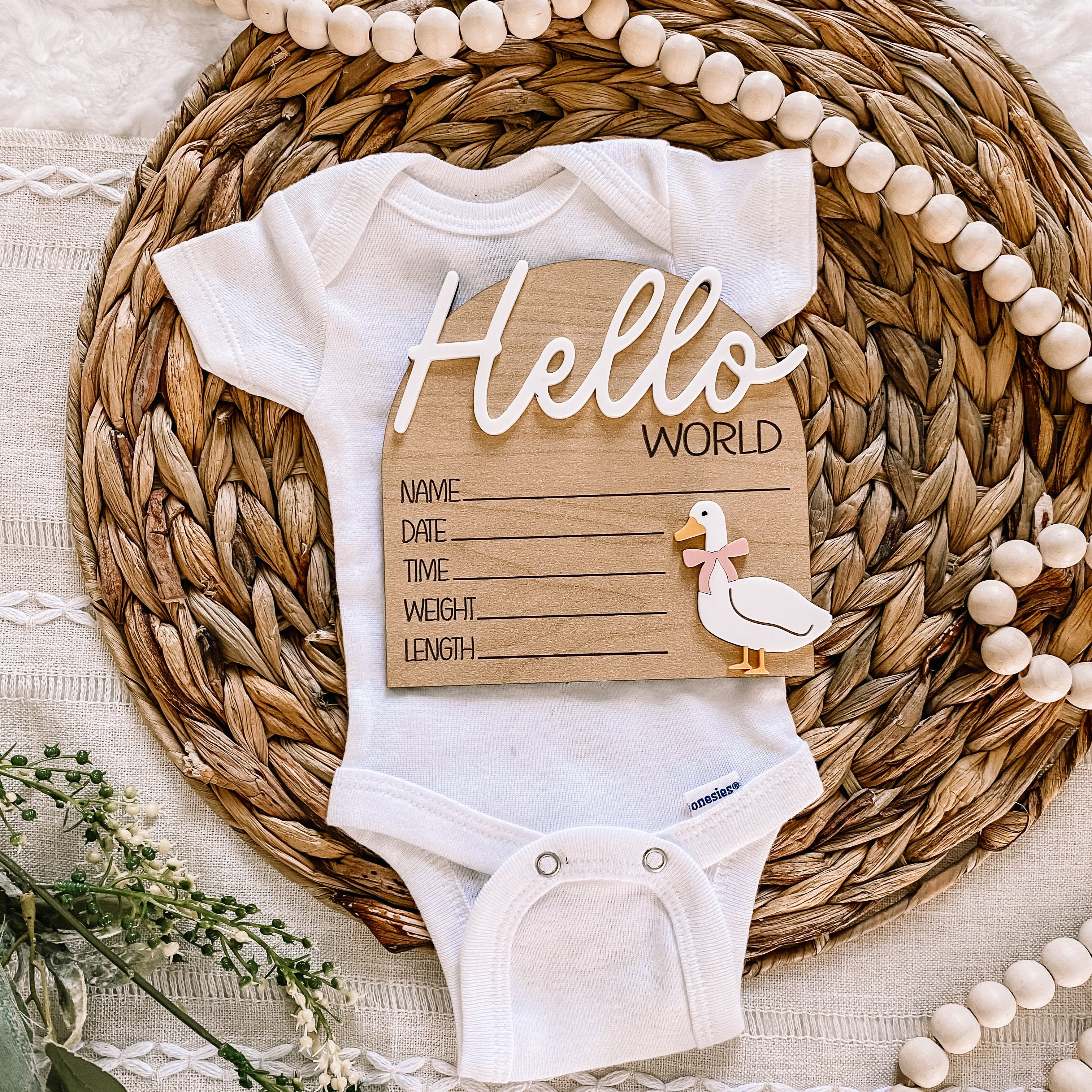 Hello World 3D Birth Stat Sign - Goose with Bow