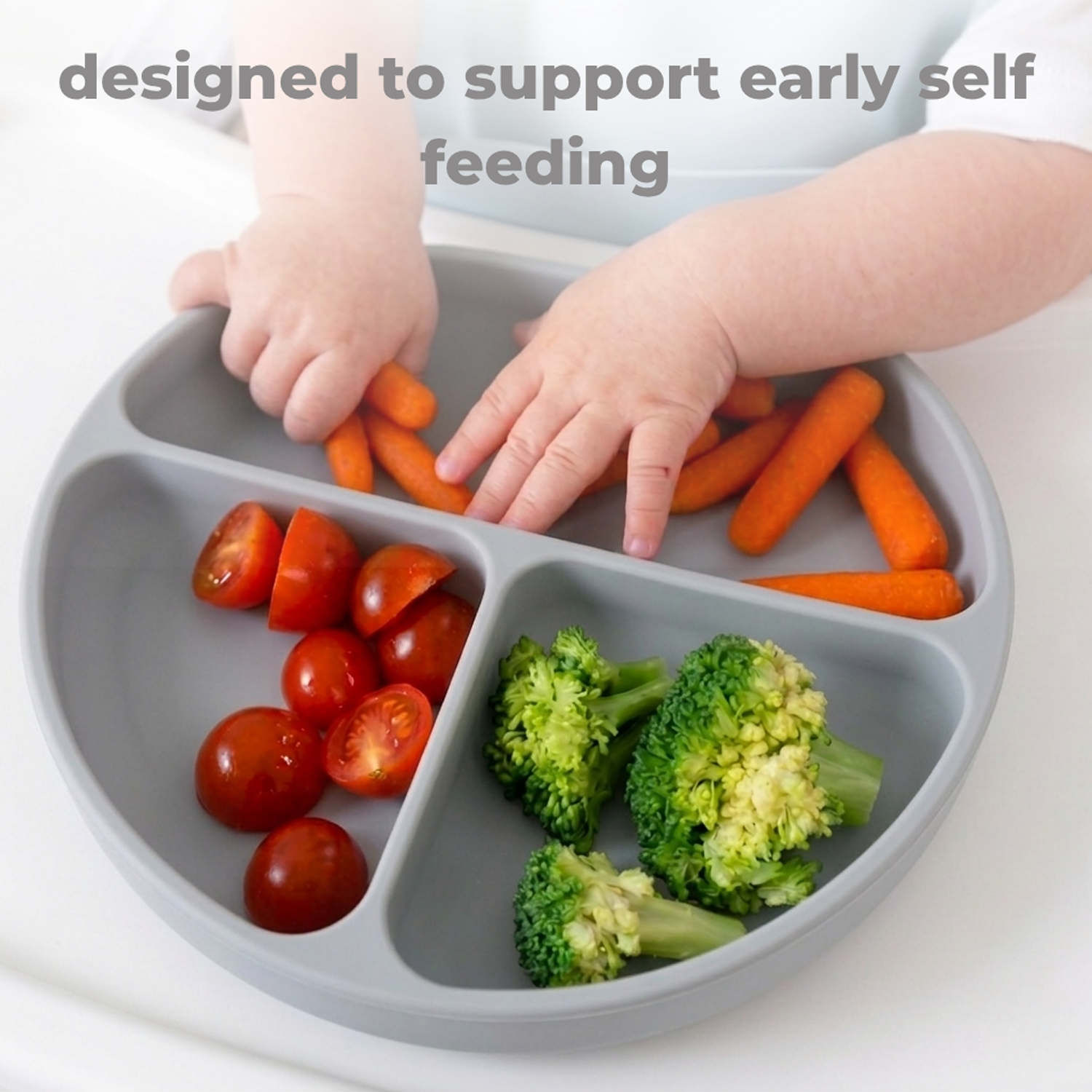 Primo Passi - Silicone Carrot Freezer + Food Feeder + Spoon 2-Pack + Suction Bowl + Suction Plate + Training Cup And Snack Cup - Senior Grey