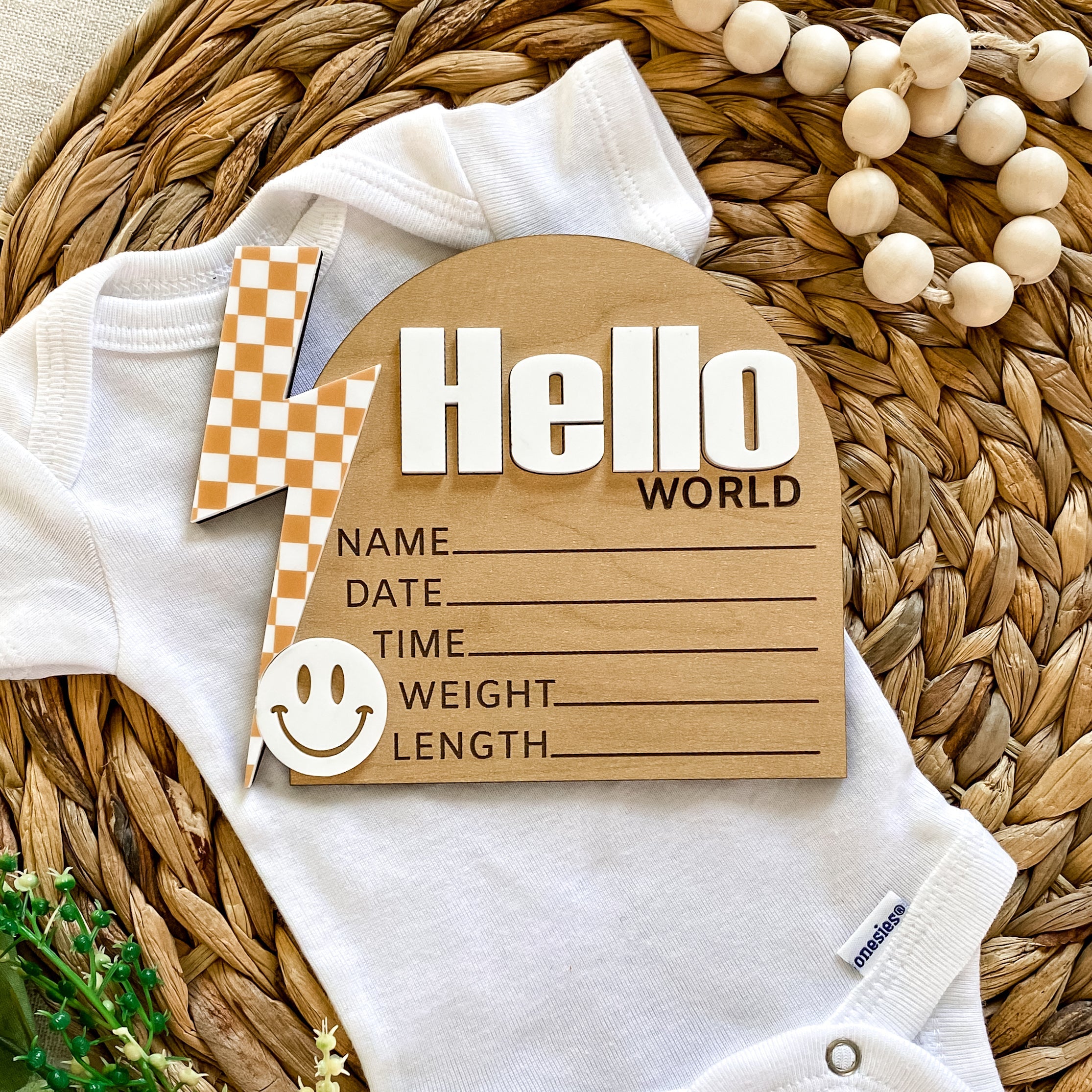 Hello World Birth Stat Sign - Tan Checkered Bolt
