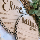 Custom Scalloped Edge Hello World Birth Stat Sign - Cursive