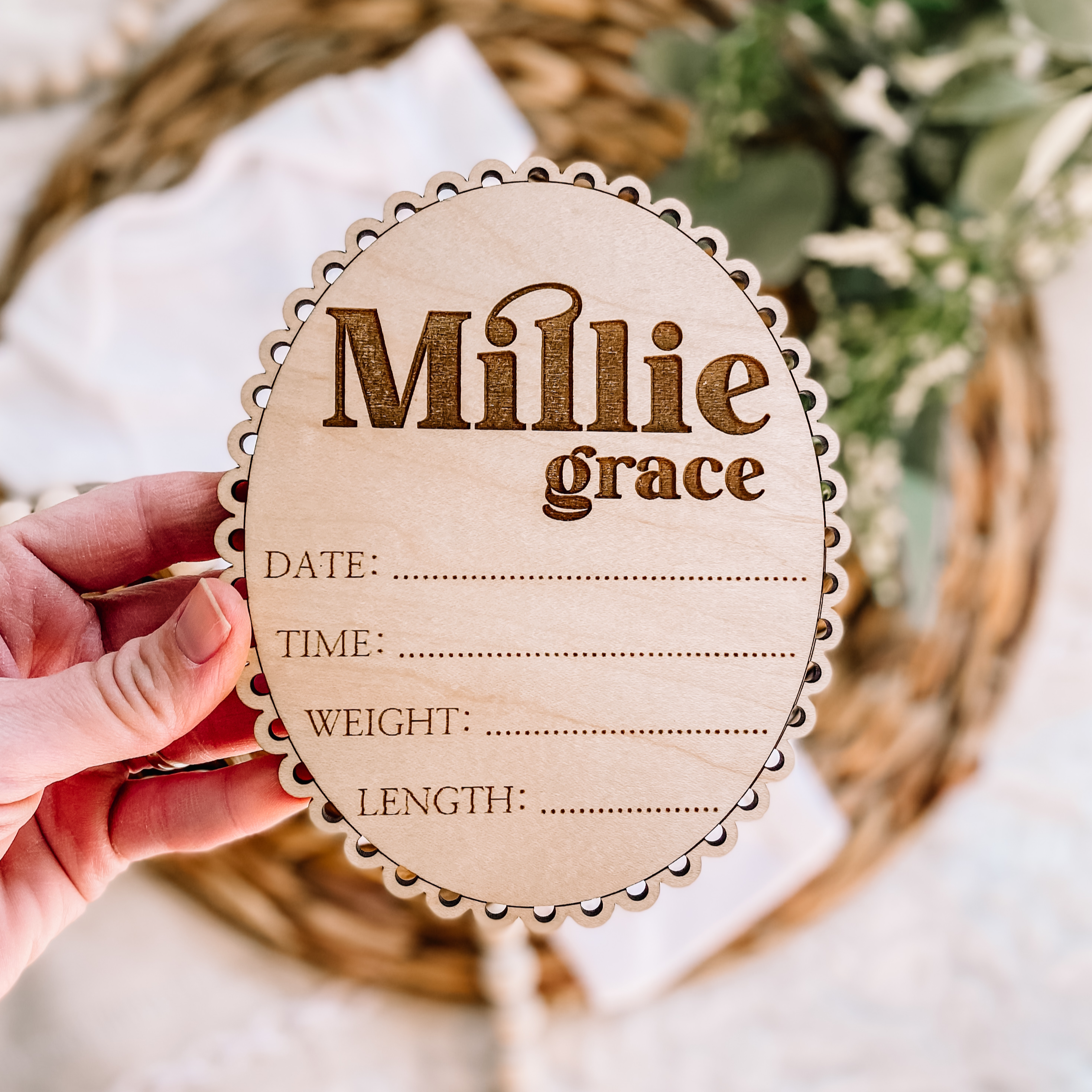 Custom Scalloped Edge Hello World Birth Stat Sign