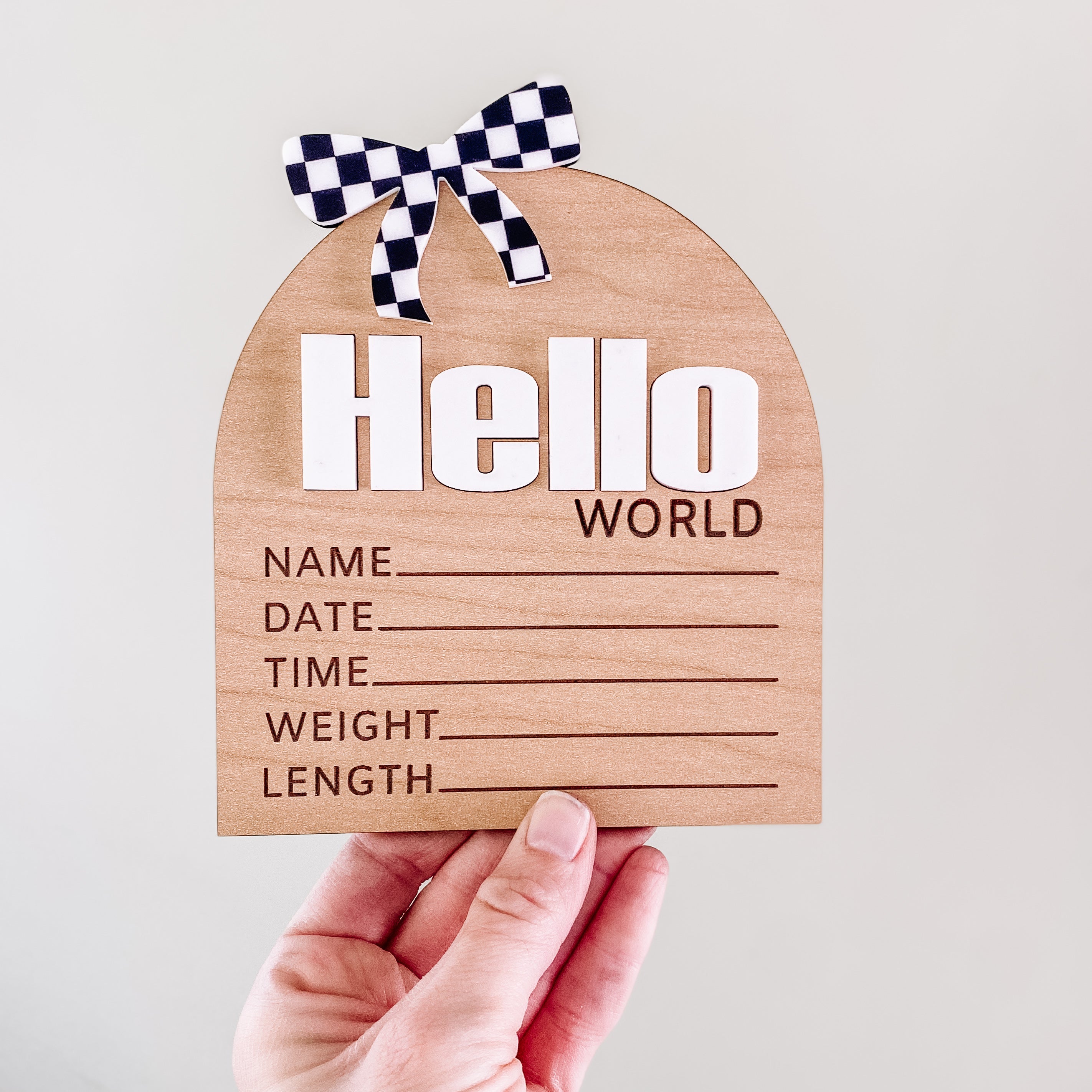 Hello World Birth Stat Sign - Black Checkered Bow
