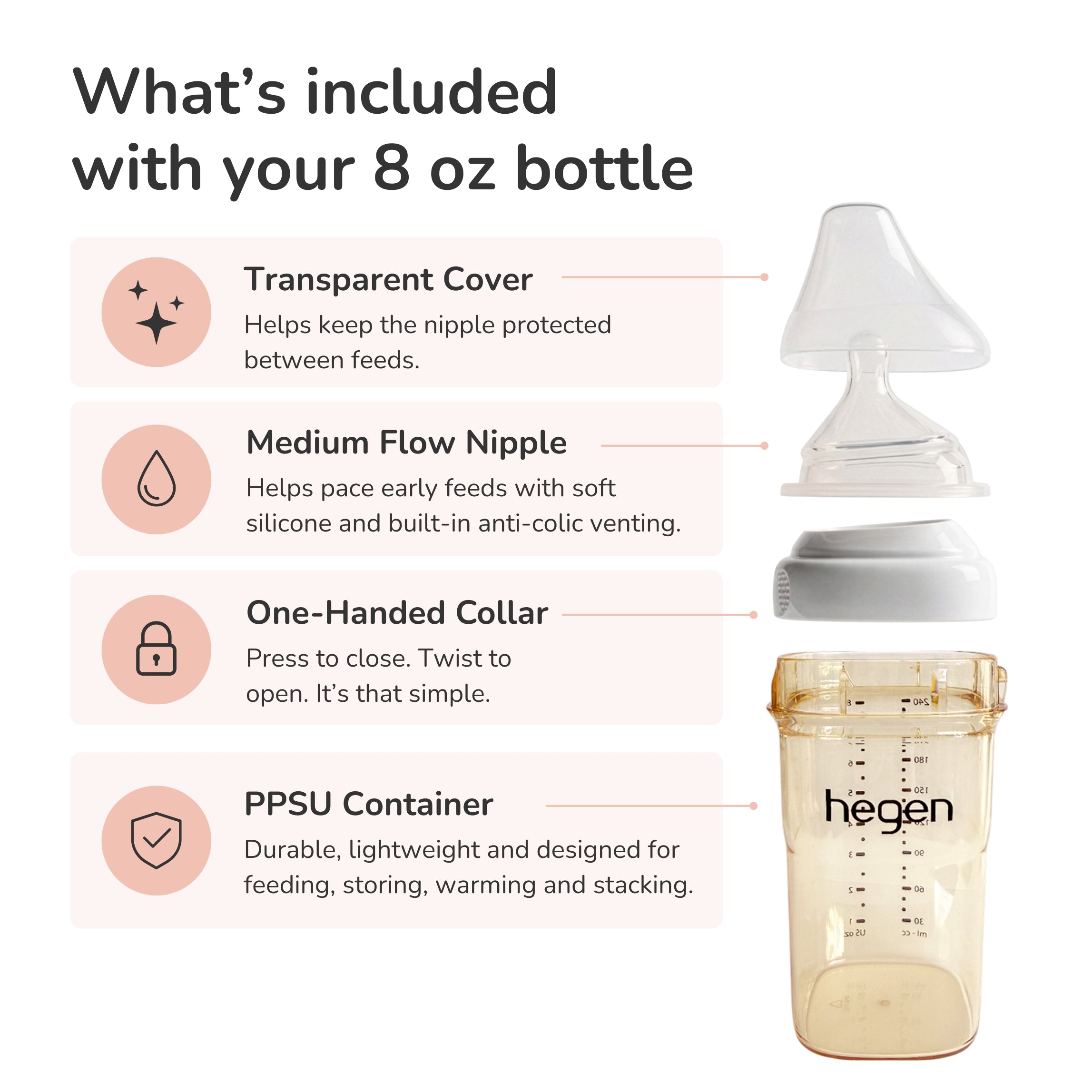 Hegen PPSU Anti-Colic Baby Bottle - 3 to 6 Months - 240ml/8oz - 2-Pack - White