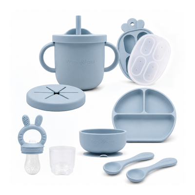Primo Passi - Silicone Carrot Freezer + Food Feeder + Spoon 2-Pack + Suction Bowl + Suction Plate + Training Cup And Snack Cup - Dusty Blue