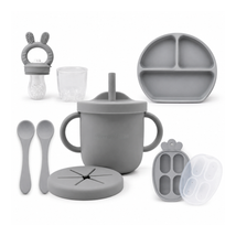 Primo Passi - Silicone Carrot Freezer + Food Feeder + Spoon 2-Pack + Suction Bowl + Suction Plate + Training Cup And Snack Cup - Senior Grey