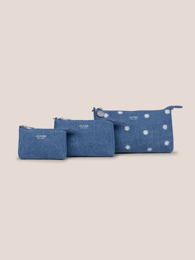 3-Piece Pouch Clutch Purse Set, Denim & Daisies Image 1