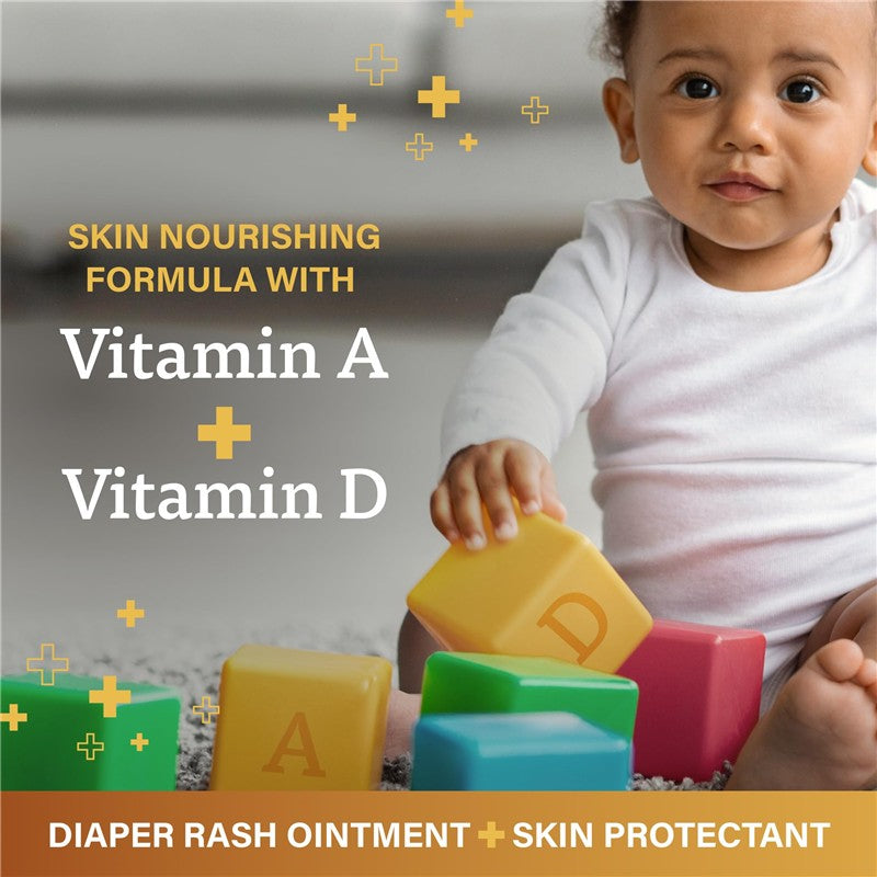 A+D Original Diaper Rash Ointment with Vitamin A and D, featuring colorful building blocks and a smiling baby.