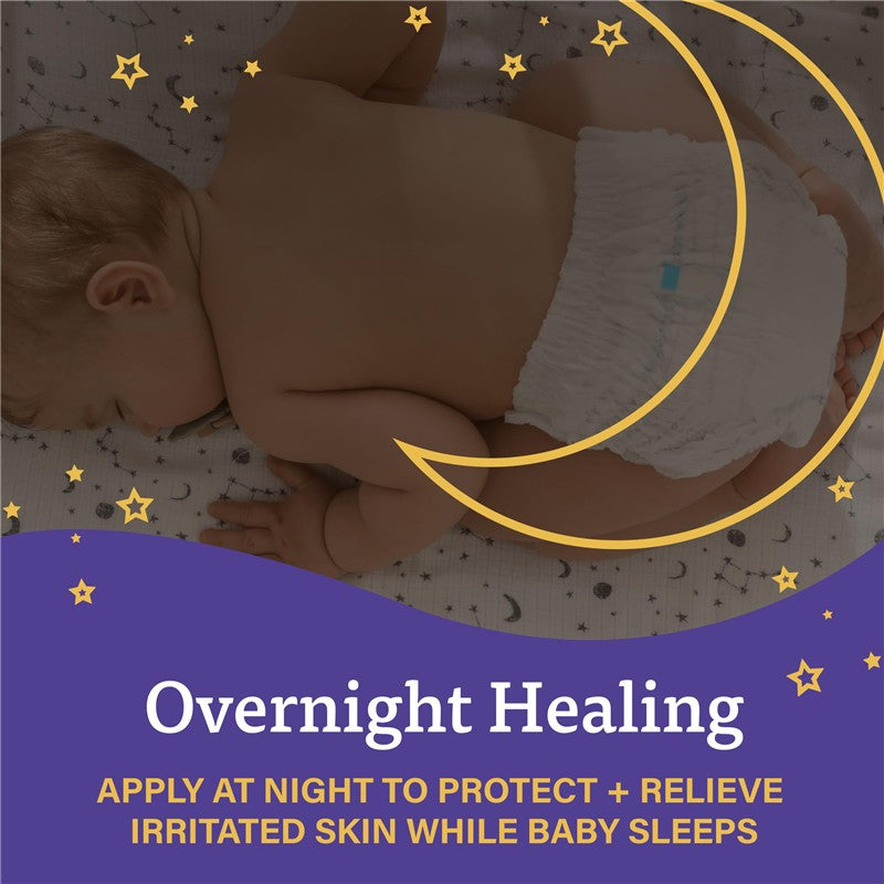 A+D Overnight Healing Diaper Rash Ointment with text promoting nighttime use to protect and relieve irritated skin while baby sleeps.