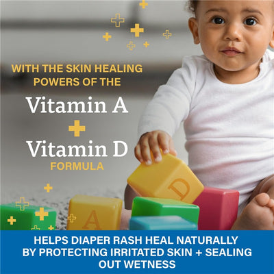 A+D Zinc Oxide Diaper Rash Treatment Cream, promoting Vitamin A and D benefits, with a baby playing with colored blocks.