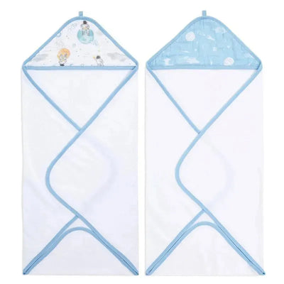 Hooded baby bath towels featuring space-themed designs, one with children and planets, both trimmed in blue.