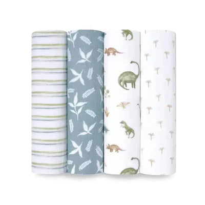 Four Aden + Anais swaddle blankets featuring dinosaur and jungle patterns in soft colors.