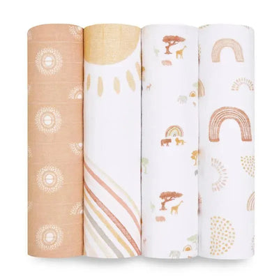 Aden + Anais 4Pk Keep Rising Swaddles featuring colorful patterns: sun, animals, rainbows, and abstract designs.