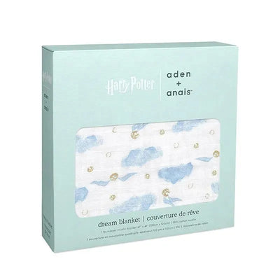 Aden + Anais Harry Potter quilt in mint packaging, featuring clouds and golden snitches on a white background.