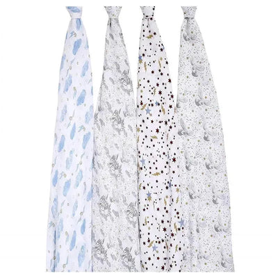 Four Aden + Anais Harry Potter-themed swaddles, featuring magical designs including clouds, stars, and whimsical creatures.