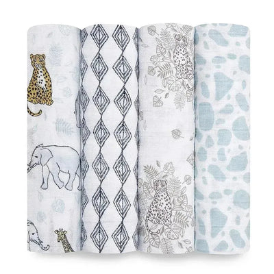 Soft cotton swaddles featuring jungle animal prints, including a leopard and elephant, in a 4-pack set.