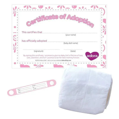 Certificate of Adoption for Adora Doll, with spaces for names, signature, and date; includes a baby doll identification tag and tissue.