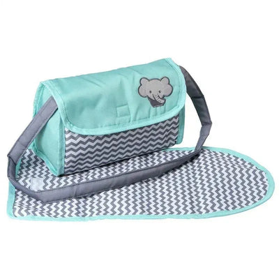 Baby doll diaper bag in zigzag print, featuring a changing mat and two doll diapers, with an elephant design.