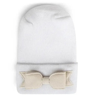 Newborn baby hospital hat in cream with a soft bow detail, designed for infant comfort and style.