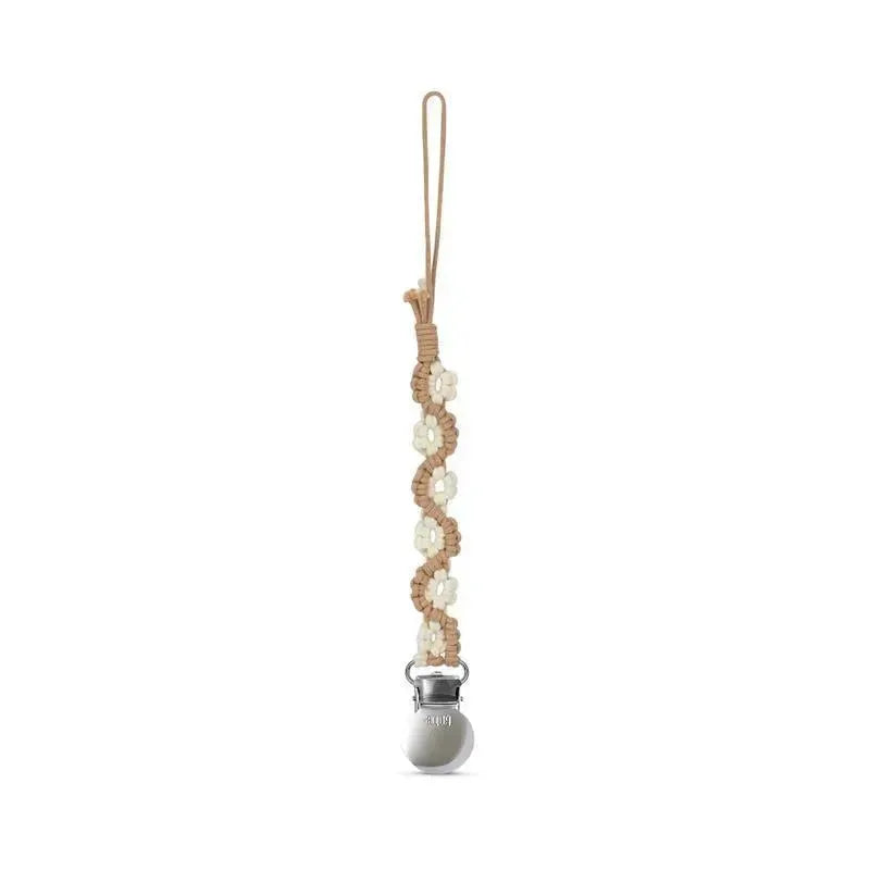 Adora Baby - Macrame Pacifier Clip, Baby Pacifier Holder Leash Boho Wooden Clips, Lily, Saddle Image 1